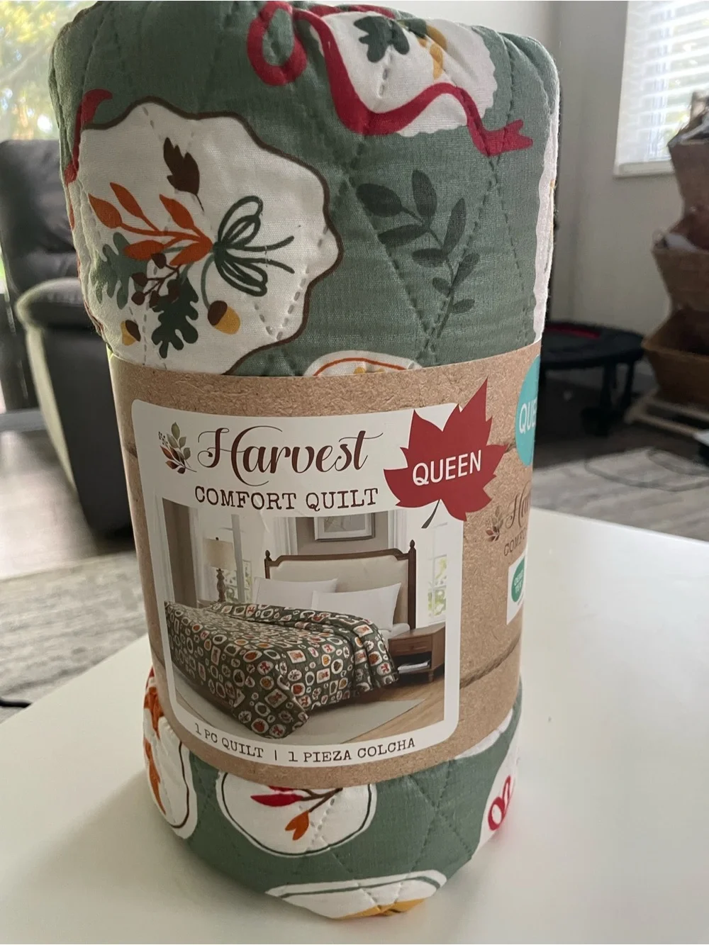 Queen Quilt Quilted 86x86 Pumpkin Frames Autumn Floral 100% Polyester Green